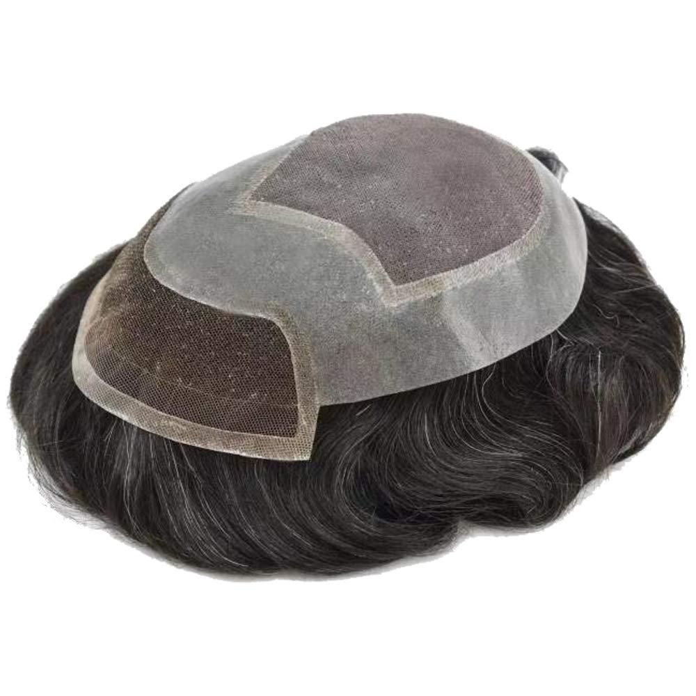 LHC Transparent Lace Front HAIR System Mens Toupee Replacement Bleached Knot Hairpiece Natural Hairline Durable Mono Poly Skin Gray Human hair System for Men(16CM x 24CM, #1B40 Natural Black+40%Gray-120% Light to Medium Density)