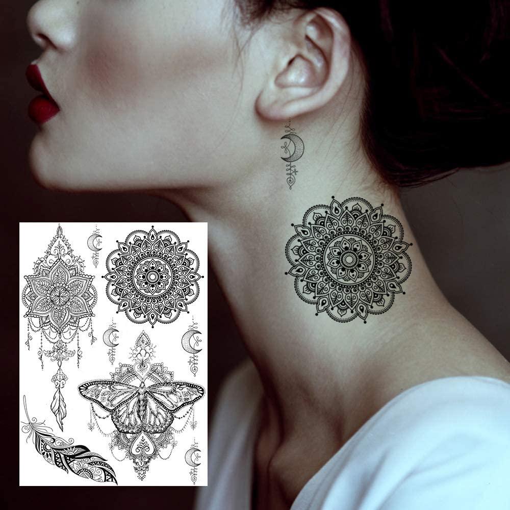 FANRUI 6 Sheets FANRUI Black Henna Temporary Tattoos For Women Lace Mehndi Mandala Flower Tatoos Ink Large Waterproof Lotus Fake Jewelry Pendant Butterfly Tattoo Stickers Kit Wedding Dreamcatcher Feather