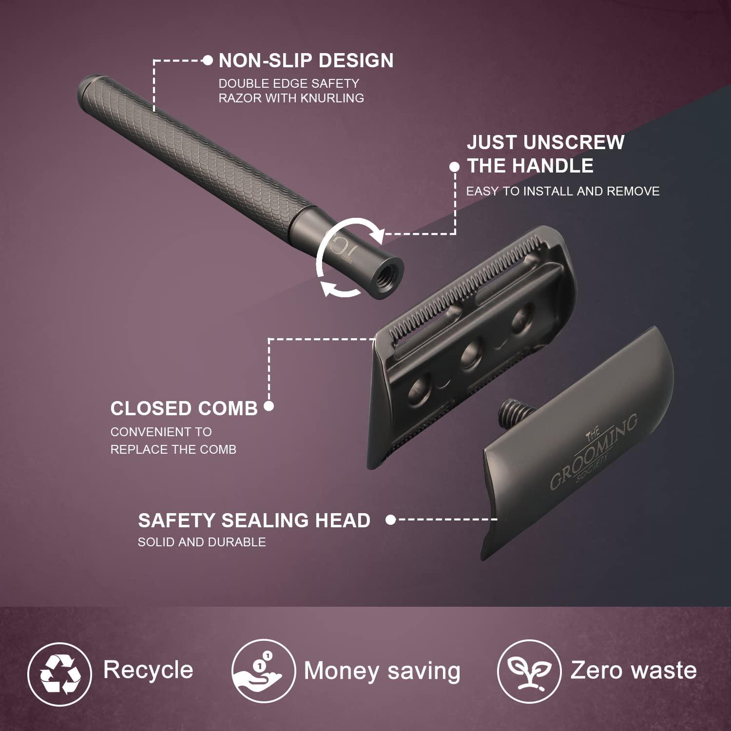 THE GROOMING SOCIETY THE GROOMING SOCIETY Black Double Edge Safety Razor, Classic Razor Set for Men, Zero Waste Razor with 10 Replacement Double Edge Blades, Metal Razor