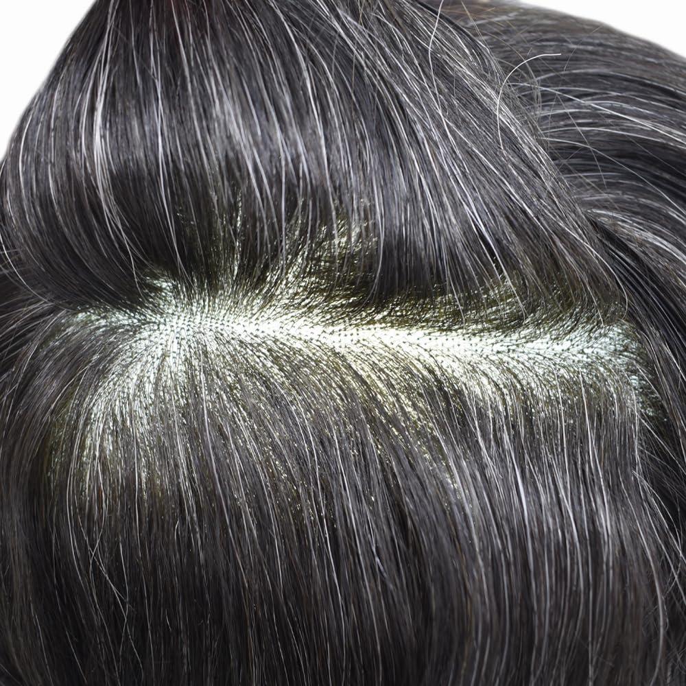 F M FACE MIRACLE NEW YORK F M FACE MIRACLE NEW YORK Mens Toupee Hair System for Men French Lace Center Mens Hair Replacement System With Poly PU Skin Natural Hairline Toupee for Men7 X9#1B20 Off Black+20% Gray-100% Density