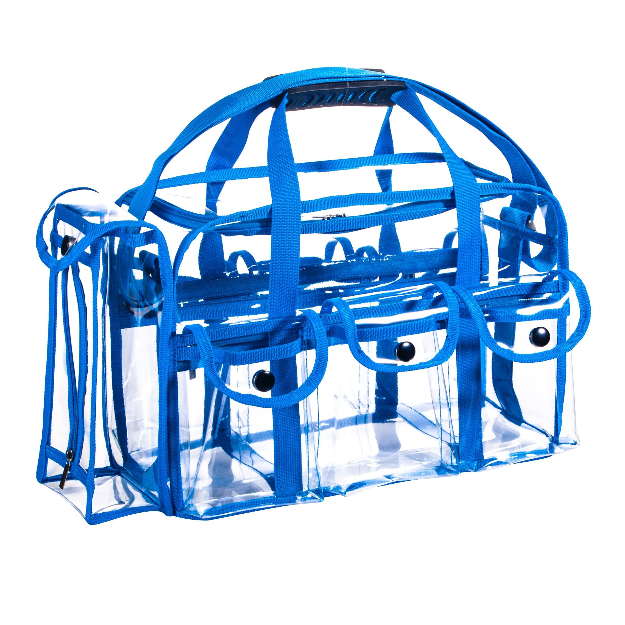 Tense Edano Wide Opening Large Professional Clear PVC Travel Makeup Artist Set Bag Cosmetic Nails Beauty Bag Transparent Vinyl Tool Organizer Work Bag Beach Bag Diaper Bag with 6 External Pockets & Strap (Blue)