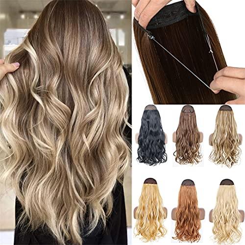 STREJHYT No Clip Halo Hair Extension Curly/Straight Secret Wire Natural Hidden Wire Synthetic Hair Pieces Adjustable Transparent Wire SQ88-27H613 22inches