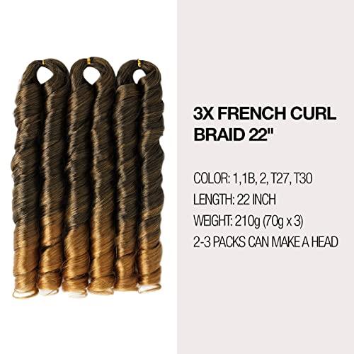 AU-THEN-TIC AU-THEN-TIC French Curly Braiding Hair 22 Inch French Curl Wavy Braids Spiral Curl Bouncy Braiding Hair for Goddess Box Braids Crochet Hair Extensions (9 Bundles (Pack of 3), 2-Dark Brown)