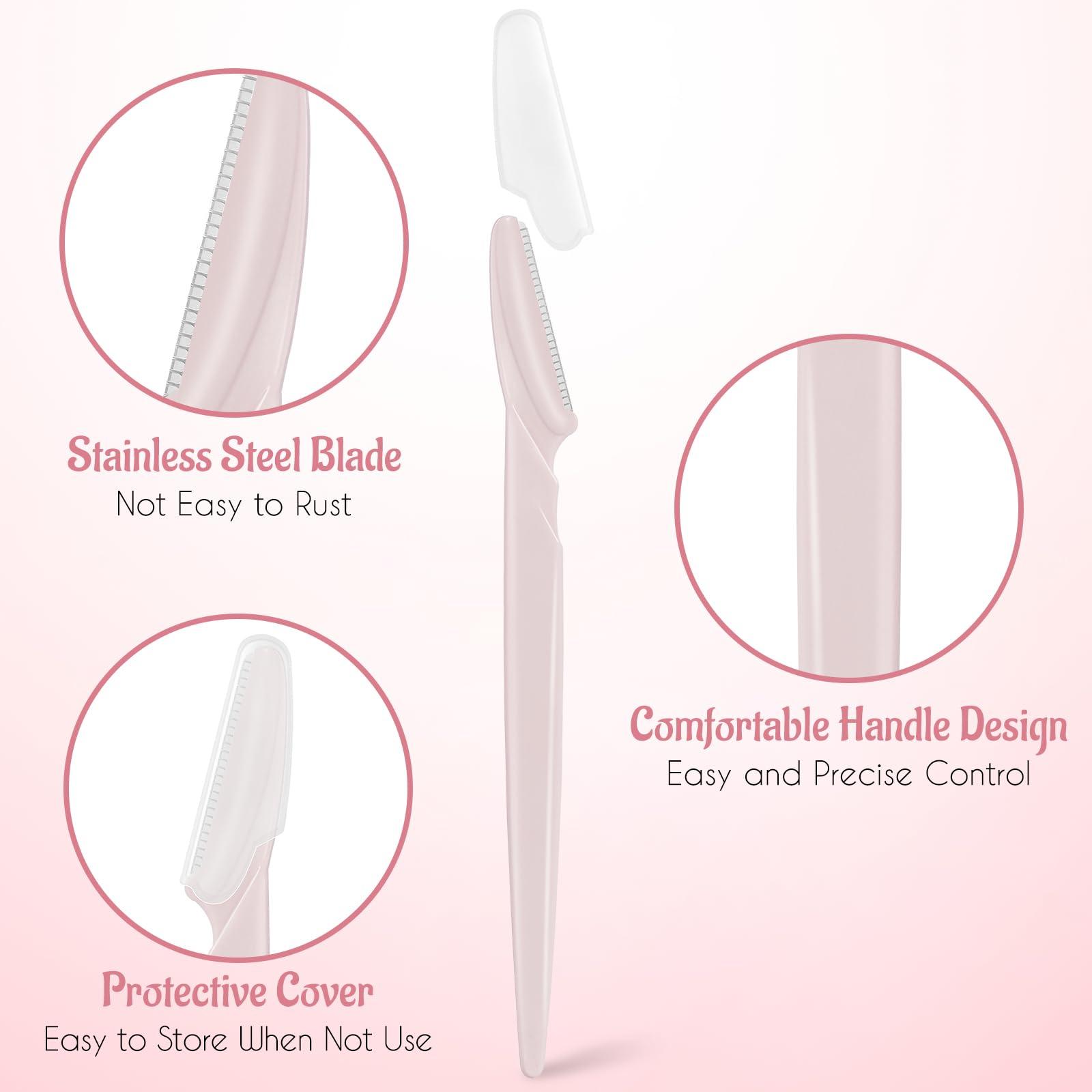 JHZMCRX 16 Pcs Light Pink Eyebrow Razor, Face Razors Multipurpose, Facial Razors for Women Men, Eyebrow Trimmers Shaver with Safety Cover, Dermaplaning Tools for Face Body Use, Facial Hair Removal Tools