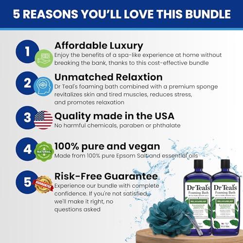 Variety Junction Dr. Teal\'s Eucalyptus and Spearmint Foaming Bath 34oz Bottles (Pack of 2) with Variety Junction Premium Bath Sponge - Relax and Relief, Bubble Bath, Relaxing, Men\'s and Women\'s