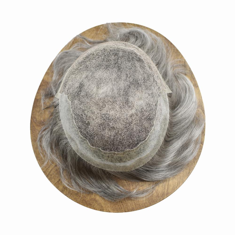 Generic Lace Hair System For Mens Human Hair System Mens Toupee Hair Piece Bleached Knots Natural Hairline Mens Hair Piece Men Toupee (7\'\'X9\'\'-100% density, #560#5 MEDIUM LIGHT BROWN+60% GREY)