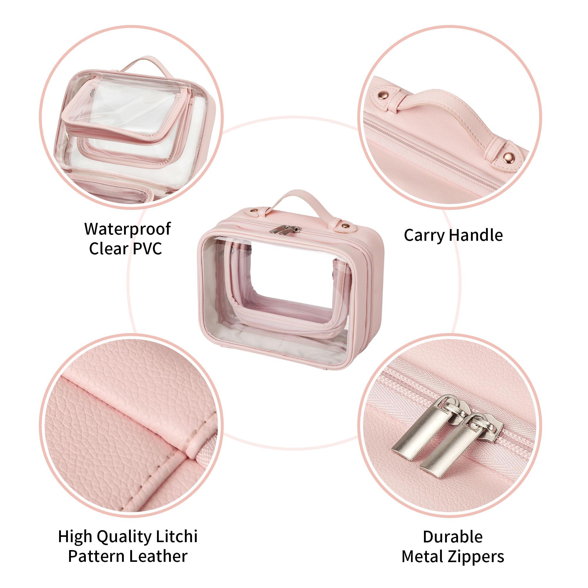 GRANNY SAYS GRANNY SAYS TSA Approved Toiletry Bag, Clear Makeup Bag, Travel Toiletry Bag for Women, Leather Travel Cosmetic Bag, Portable PVC Waterproof Bag, Small Makeup Organizer, Pink
