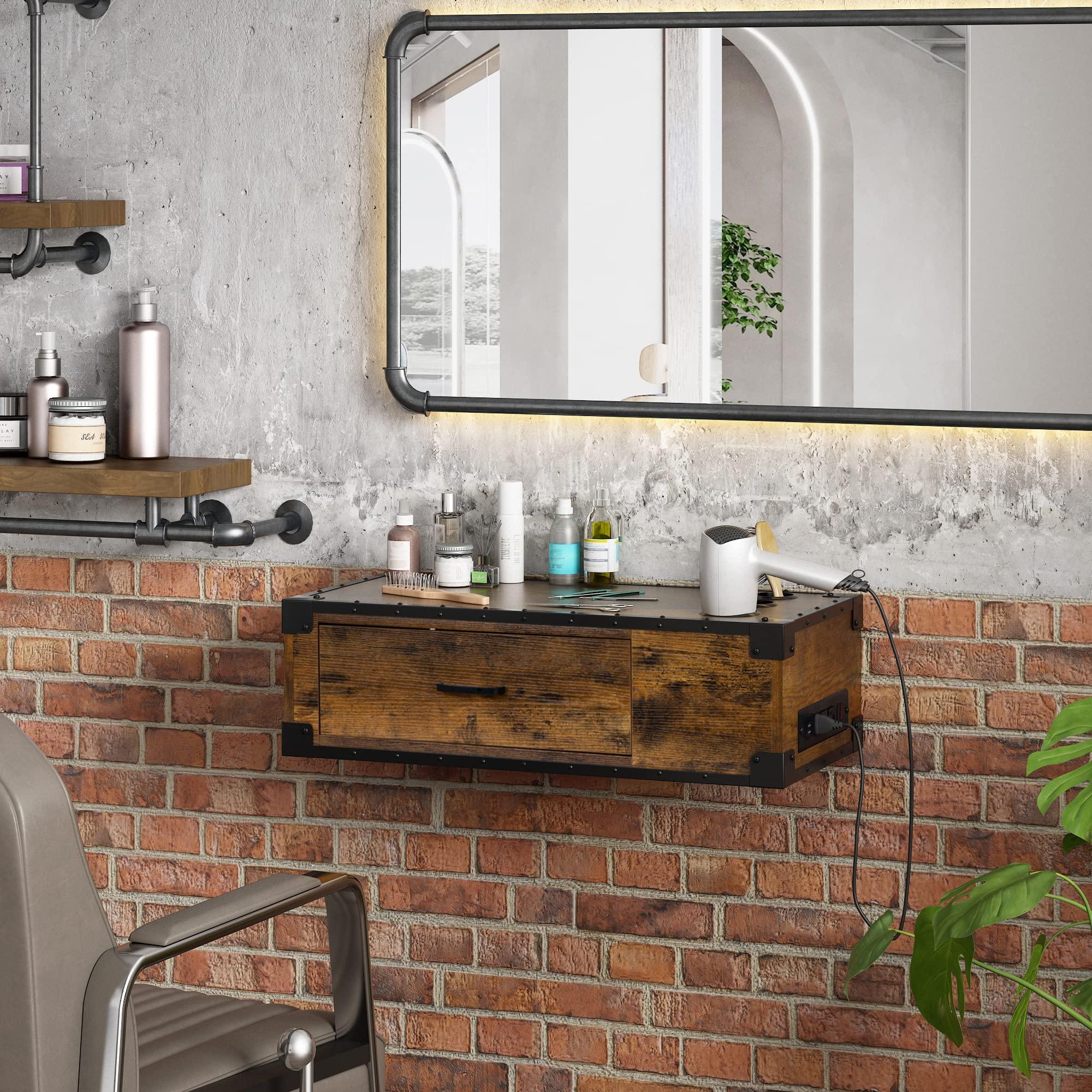 PENNYNANA PENNYNANA Wall Mount Styling Barber Station with Charge Station,Salon Stations with Locked Storage Drawer for Hair Stylist,Rustic Brown
