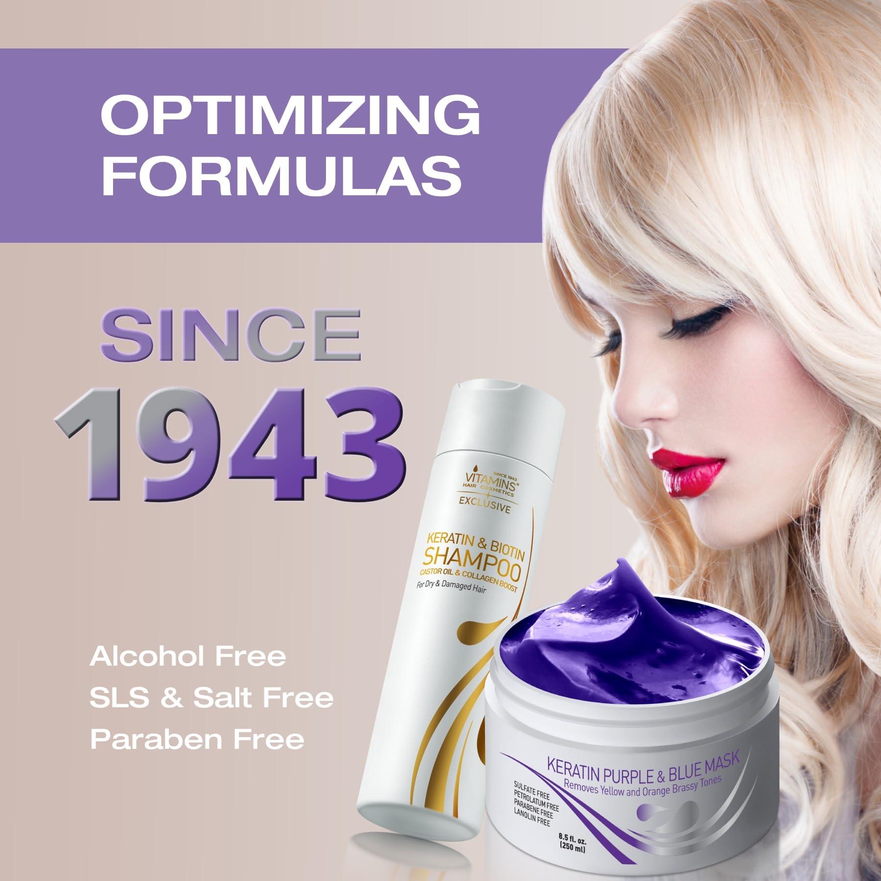 VITAMINS hair cosmetics Vitamins Keratin Purple Blue Hair Mask and Keratin Shampoo Kit - Conditioning Anti Brassiness Toner for Bleached Blonde Platinum Silver White Grey Dry Damaged Hair and Nourishing Clarifying Shampoo