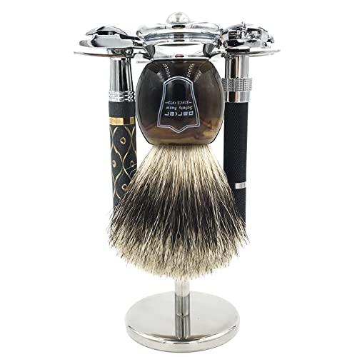 Taconic Shave Deluxe Stainless Steel 4 Prong Safety Razor and Shave Brush Shave Stand - Holds 2 Double Edge Safety Razors and 2 Shave Brushes