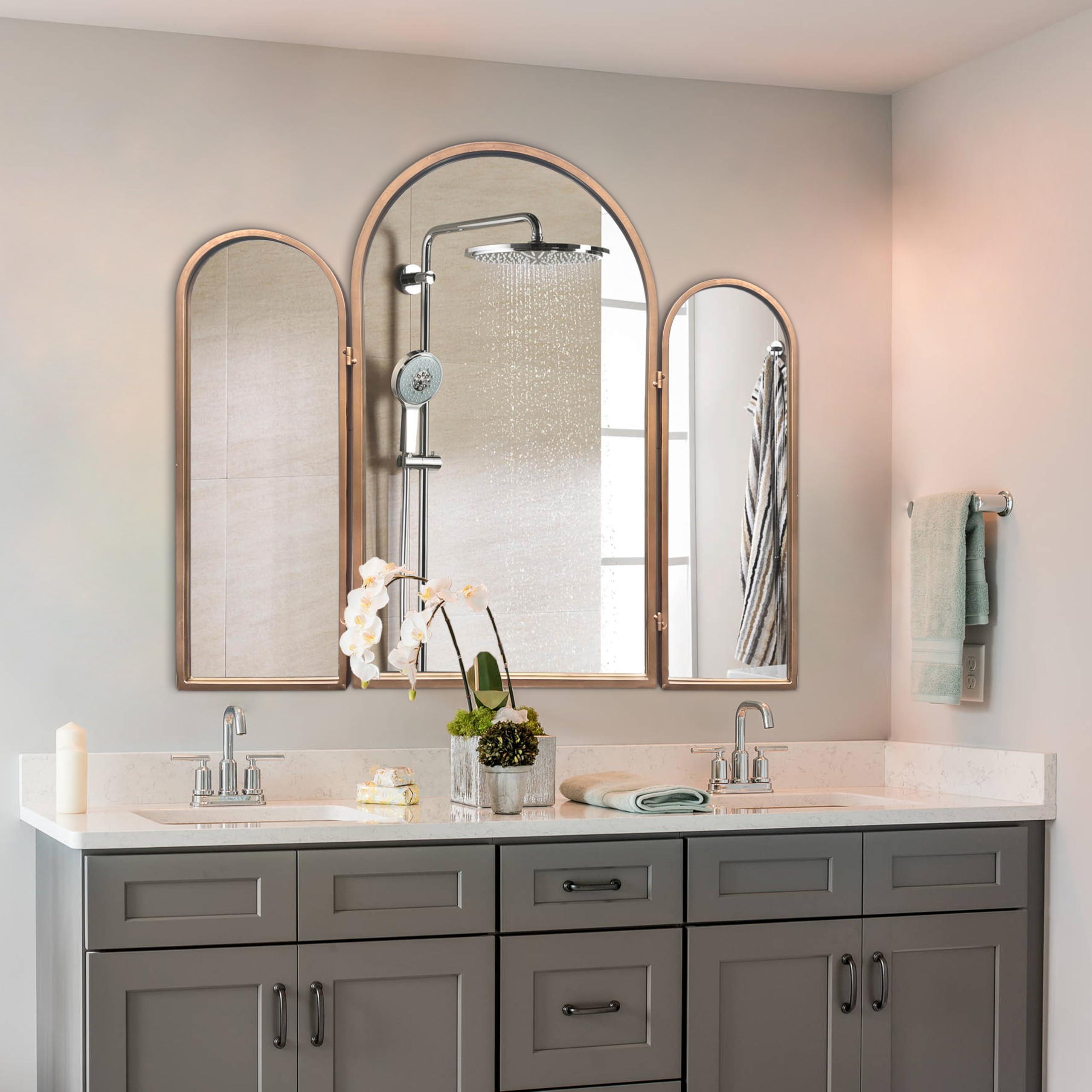 BAODANFU BAODANFU 3 Way Mirror Bathroom, Trifold Vanity Mirrors for Bathroom Bedroom, Large Arch Mirrors Decorative Vintage Gold, Adjustable Makeup Mirror for Braiding Hair 360 Way Tabletop & Wall Mounted