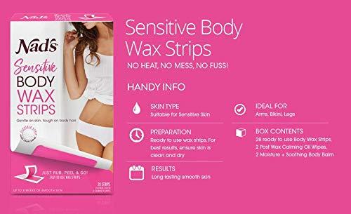 Nad's Nad’s Body Wax Strips for Sensitive Skin, Hair Removal for Sensitive Skin, Hypoallergenic, Includes 28 Waxing Strips & 2 Post Wax Calming Oil Wipes