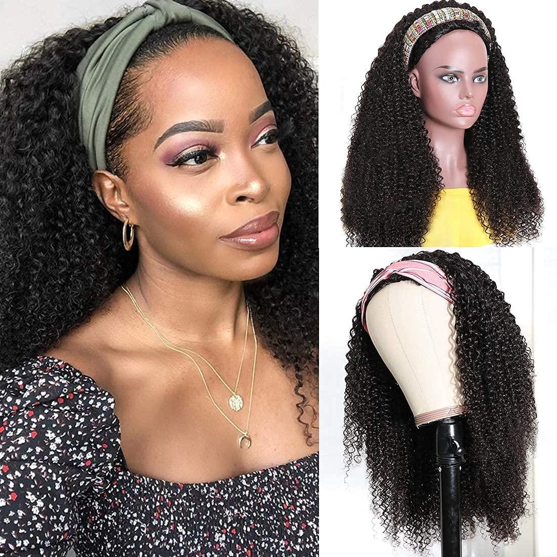 Nadula Nadula Hair Afro Kinky Curly Half Wigs Human Hair for African American Women, 100% Virgin Human Hair Headband Curly 3/4 Half Wigs Glueless Put and Go Beginner and Friendly 150% Density 14 Inch