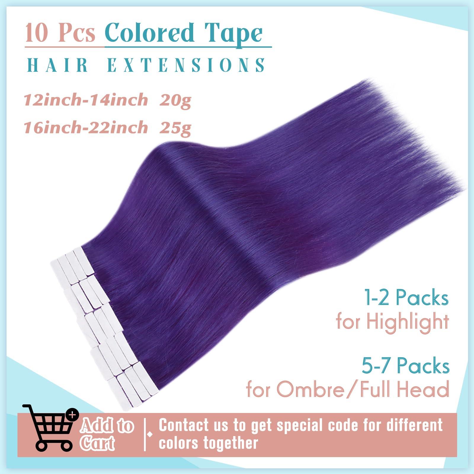 RUNATURE RUNATURE Bundles 22 Inch Purple Hair Extensions Real Human Hair Clip ins 25g 5pcs and Purple Tape in Hair Extensions 25g 10pcs