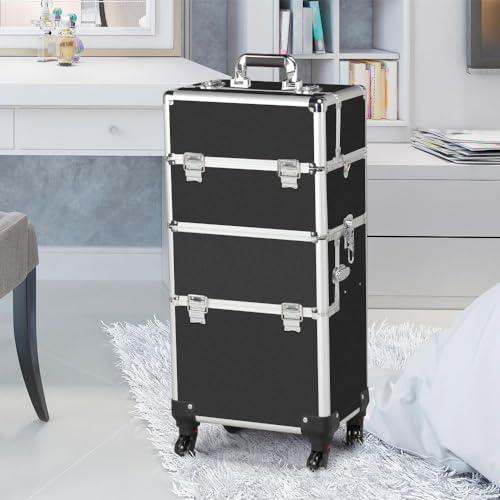 Yaheetech Yaheetech Rolling Makeup Train Case 3 in 1 Cosmetic Makeup Case Large Aluminum Trolley Makeup Travel Case Professional Rolling Cosmetic Beauty Storage, with 360 Swivel Wheels, Black