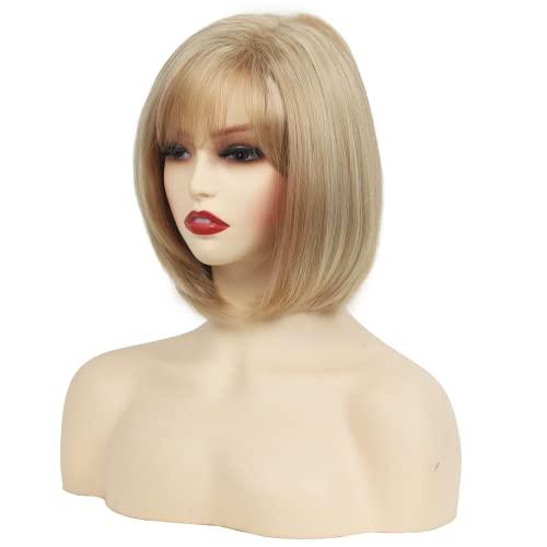 RENERSHOW RENERSHOW Short Blonde Pixie Bob Wig with Bangs Mixed Blonde Wigs for White Women Straight Hair Synthetic Wigs for Daily Party