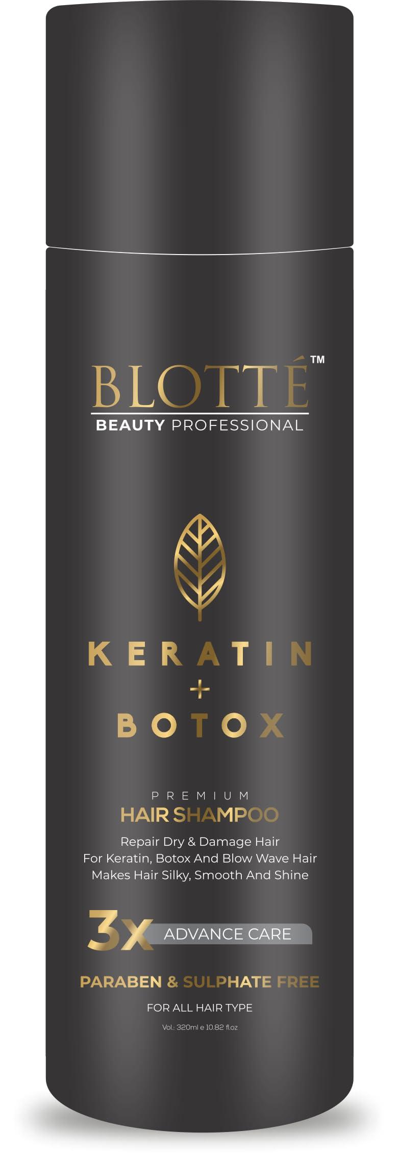 BLOTT BEAUTY PROFESSIONAL BLOTT Keratin & Botox Premium Hair Shampoo - Repair Dry & Damage Hair For Keratin, Botox And Blow Wave Hair Heading -Makes Hair Silky, Smooth & Shine 3 X Advance Care Paraben & Sulphate Free 320 ML