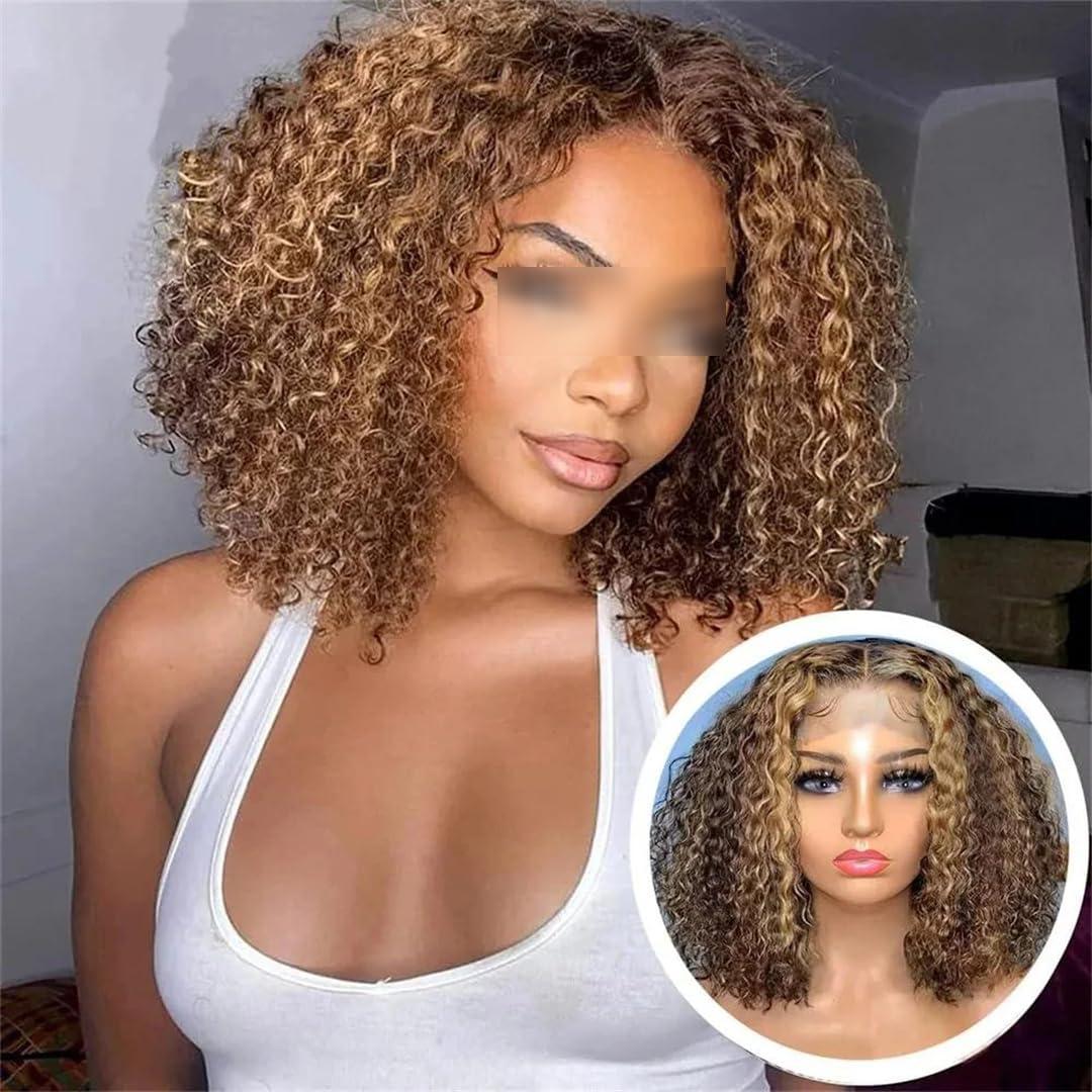 Wjnvfioo Short Curly Bob Wig 13X4 Lace Front Human Hair Wigs Pre Plucked Brown Short Deep Wave Wigs #4 10inches#150%