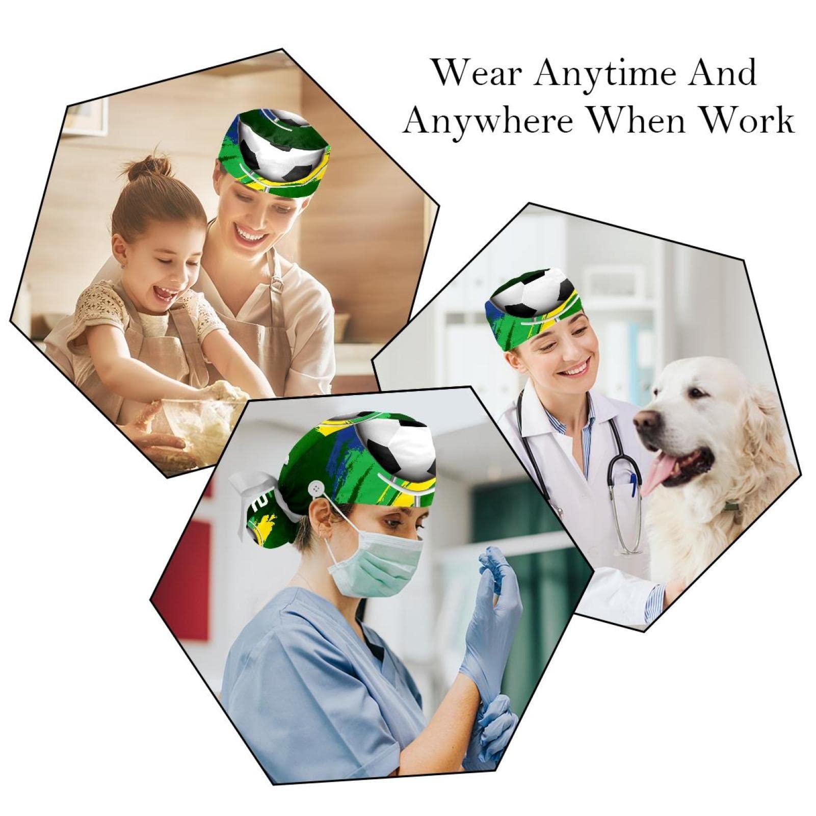 Lyetny Brazil Soccer Scrub Caps Hats Women Bouffant Working Hat Ponytail Holder for Women Long Hair Covers 2PCS