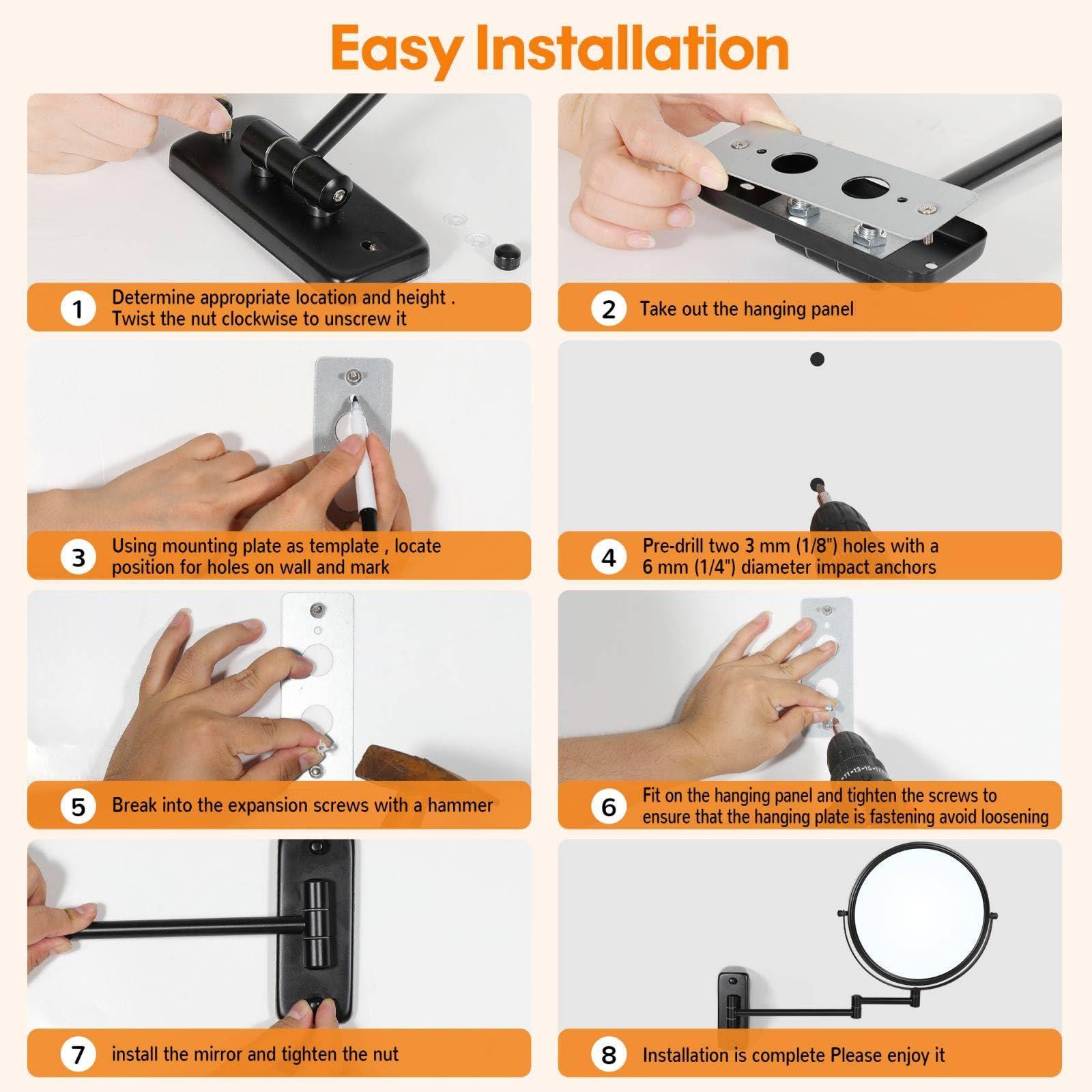 HOMEMIRO Large Size 9-in Wall Mounted Magnifying Makeup Mirror 1X/10X Magnification,Extendable Bathroom Mirrors Wall Mount Vanity Mirror for Shaving,12-in Folding Arm,Flexible Adjustable,Space-Saving,No Light