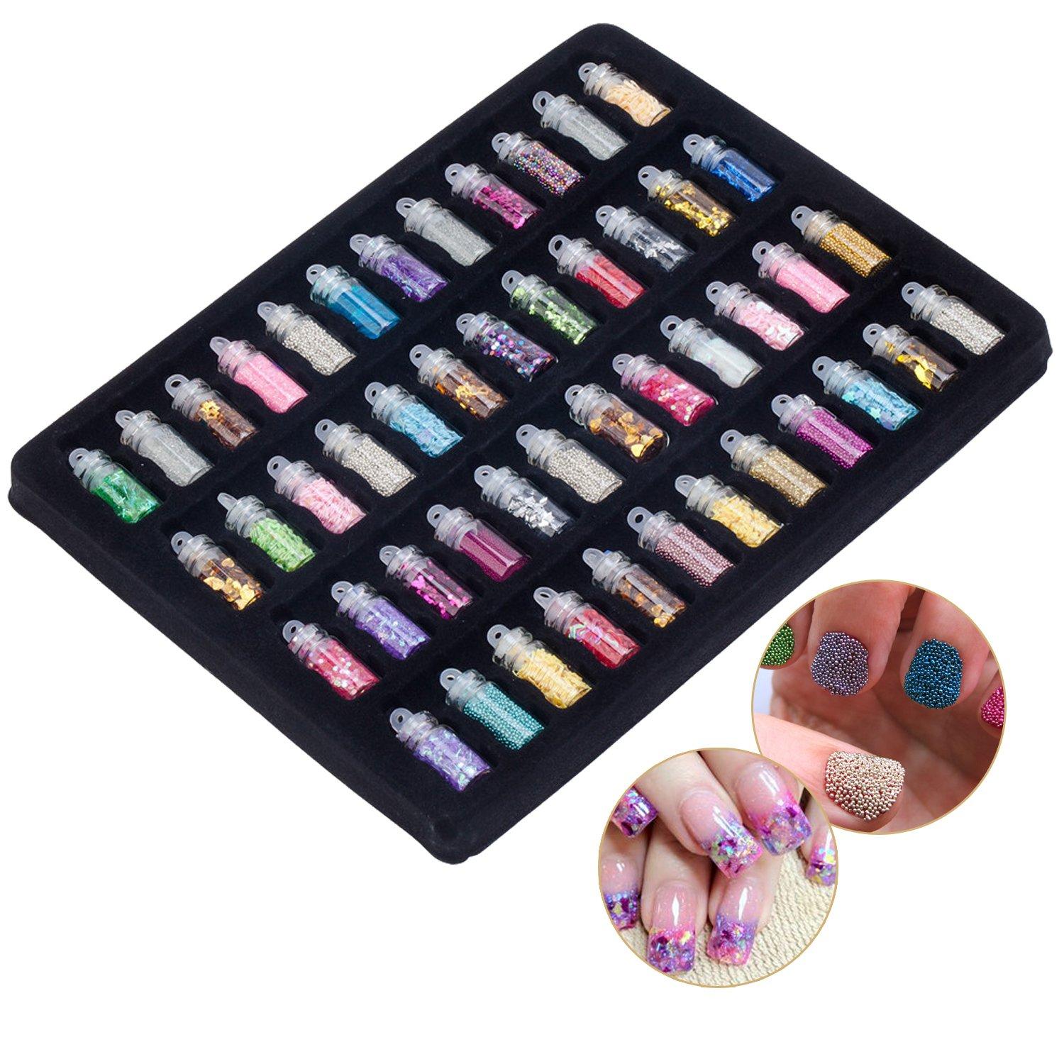 VAGA VAGA Nail Art Kit - Multi-colored Caviar Beads & Glitter Set for 3D Nail Decorations, Nail Manicure Kit with Foil Nail Art Glitter, 48 Count