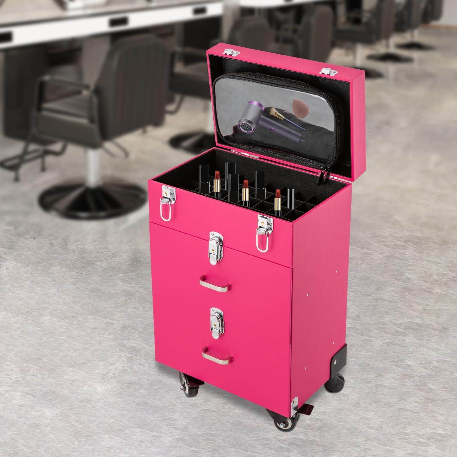 MELONGKAYLON MELONGKAYLON Rolling Makeup Case, Pro Cosmetic Trolley Case Travel Cosmetic w/ 4 Wheel Nail Polish Organizer Storage for Hairstylist Makeup Nail Tech Salon, Traveling Cart Trunk (Pink)