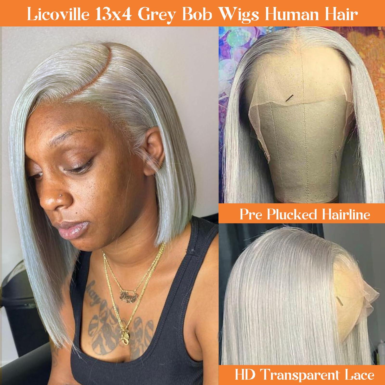 Licoville Grey Short Bob Wig Human Hair 8 Inch Glueless Real 13x4 Bob Lace Front Wigs Human Hair Full 180% Density Free Part Frontal Bob Wigs Human Hair Silver Gray Lace Front Human Hair Bob Wigs Free Part