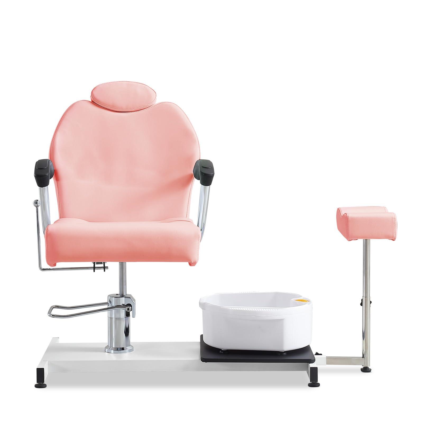 OKAKOPA OKAKOPA Reclining Portable Pedicure Station with Stool, Hydraulic Height Adjustable 360 Swivel Portable Pedicure Station w/Stool, Footrest, Foot Basin, Adjustable Headrest (Pink + Stool)