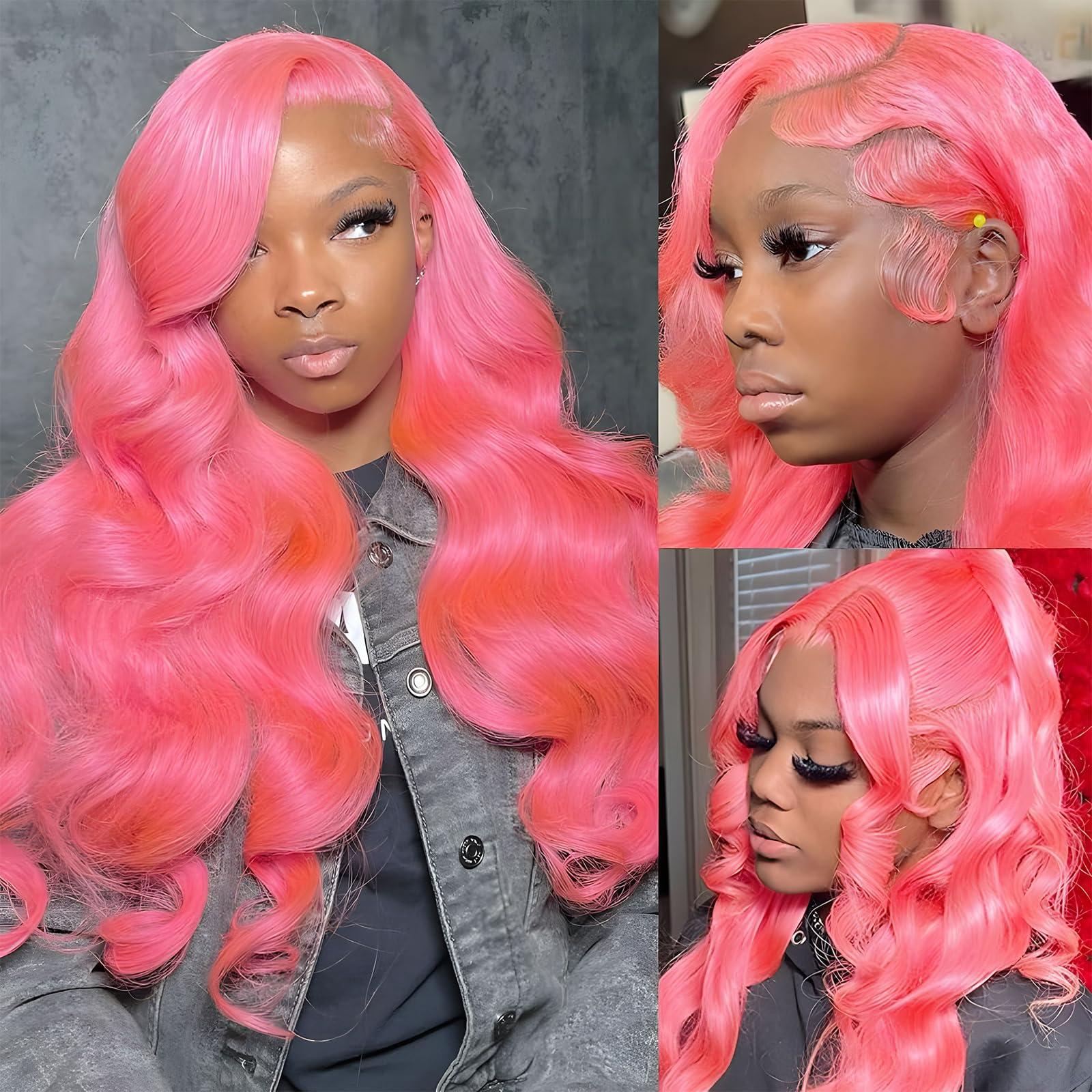 Boyusijf Pink Lace Front Wig Human Hair 13x4 HD Transparent Lace Front Body Wave Pink Wigs Human Hair for Women Pink Human Hair Lace Front Wig 180% Density Pre Plucked with Baby Hair Colored Wig 22 Inches