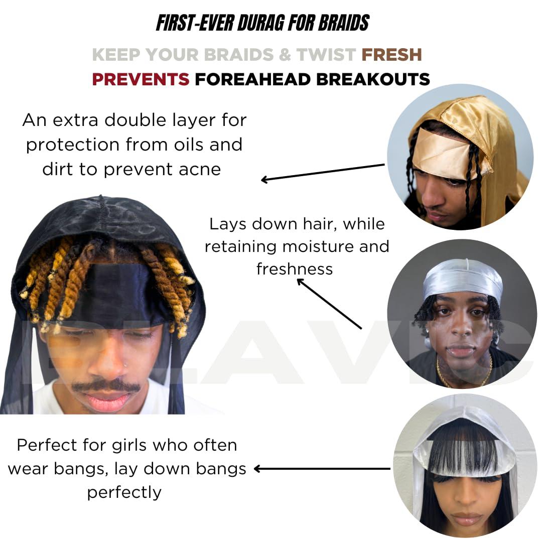 Blavic Blavic Durag For Braids, Locs, And Twist - Silk Durag for Men, Long Double Wide Straps, Outside Seam Triple Stitch Du Rag (Grey)