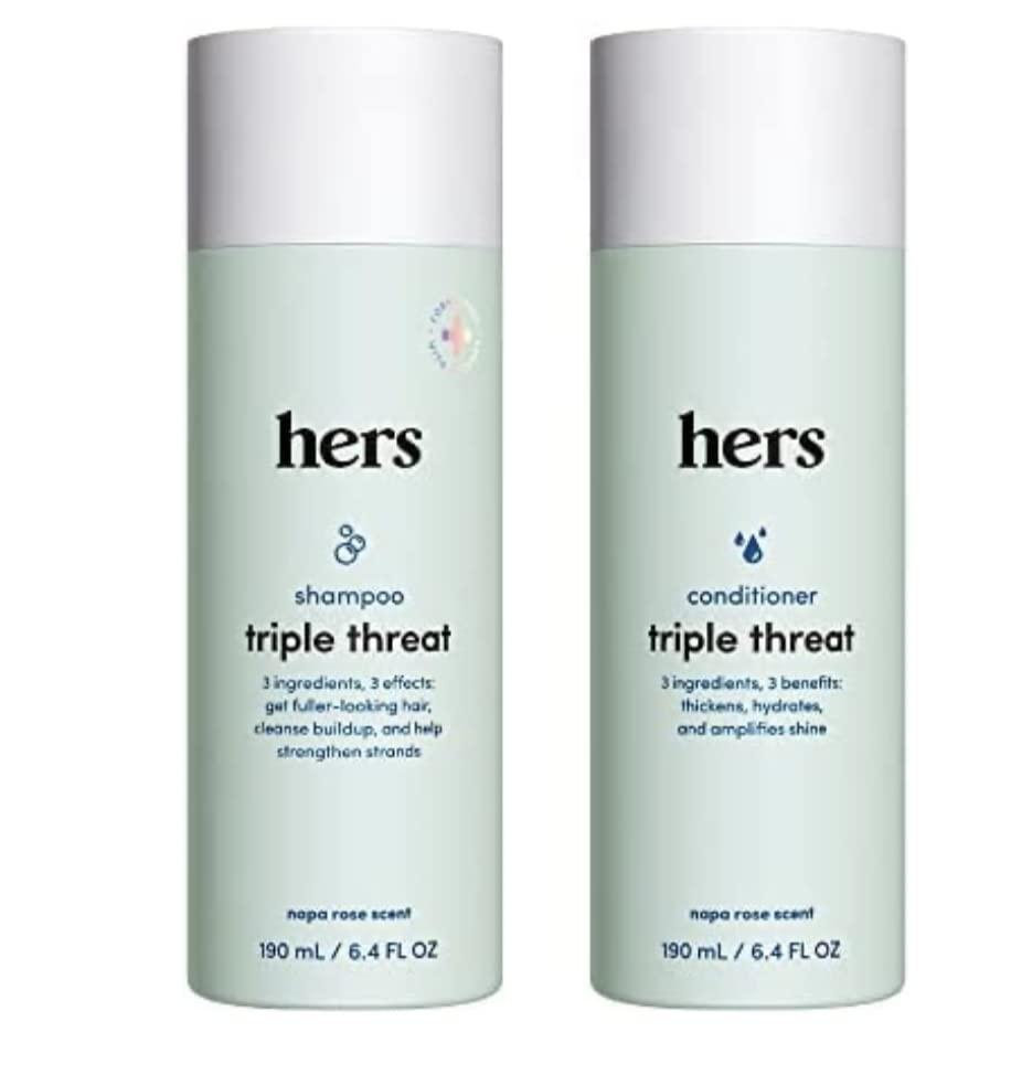 Hers hers Triple Threat Shampoo and Conditioner Set for Women- Thickening, Moisturizing, Reduces Shedding - Color Safe Hair Loss Shampoo and Conditioner- Napa Rose, 2 pack, 6.4oz