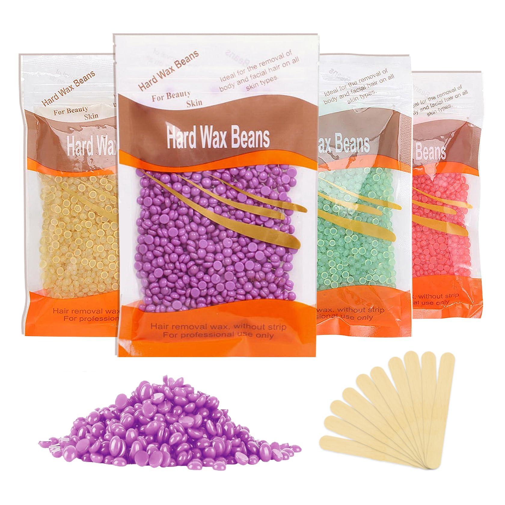 JunKuJK 4 Packs Hard Wax Beads for Hair Removal,Gentle Waxing Beads for Full Body,Face,Underarm,Bikini and Legs,Long Lasting Hair Removal Waxing Kit with 10 Wax Scraper Sticks