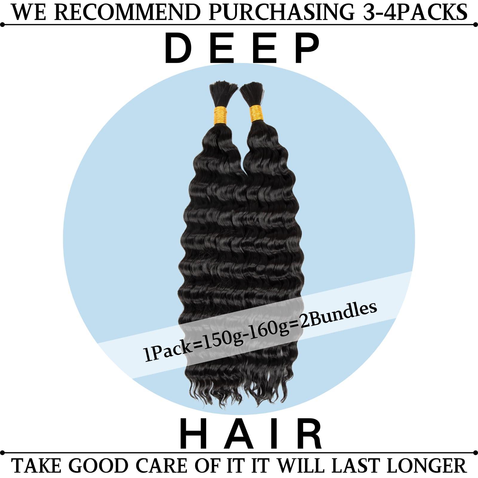 OQNUNQO Deep Wave Bulk Hair for Braiding Deep Wave Hair for Black Wome 24inch 200g for Deep Wave Braiding Hair Extensions Quality Synthetic Micro Braiding Hair for Boho Braids No Weft, (2Pack Natural Black