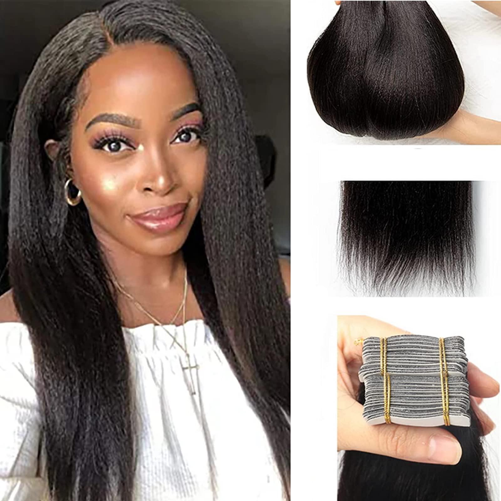 Belaved Yaki Tape in Hair Extensions Human Hair for Black Women Natural Black Lightweight Yaki Straight Human Hair Tape in Extensions Double Sided Seamless Skin Weft 10A Brazilian Remy Hair 20Inch
