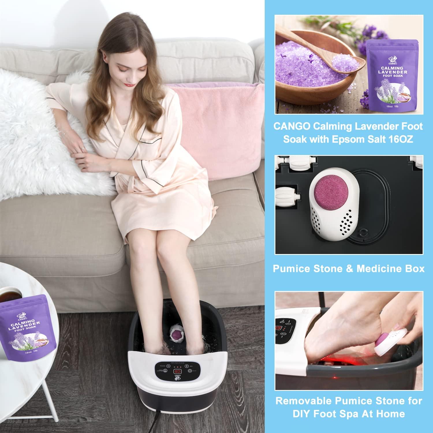 CANGO Foot Spa Bath Massager with Heat Bubbles and Vibration Massage and Jets, 16 OZ Calming Lavender Foot Soak Epsom Salt, CANGO Foot Soaker With Infrared Light, 22 Massage Rollers, Adjustable Temp - Black