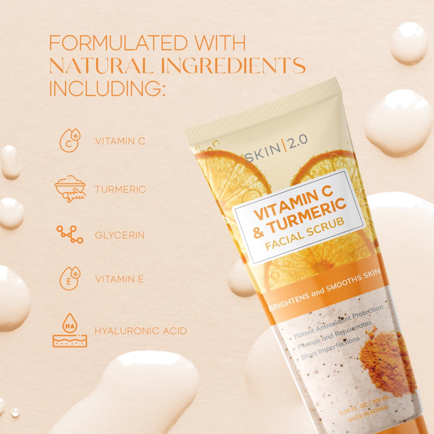 Skin 2.0 Skin 2.0 Vitamin C & Turmeric Face Scrub - Dermatologist Tested, Exfoliating, Brightening, Hydrating, Anti-Aging, Clean Beauty, Cruelty-Free Korean Skincare, All Skin Types - 6.76 Fl Oz / 200ML