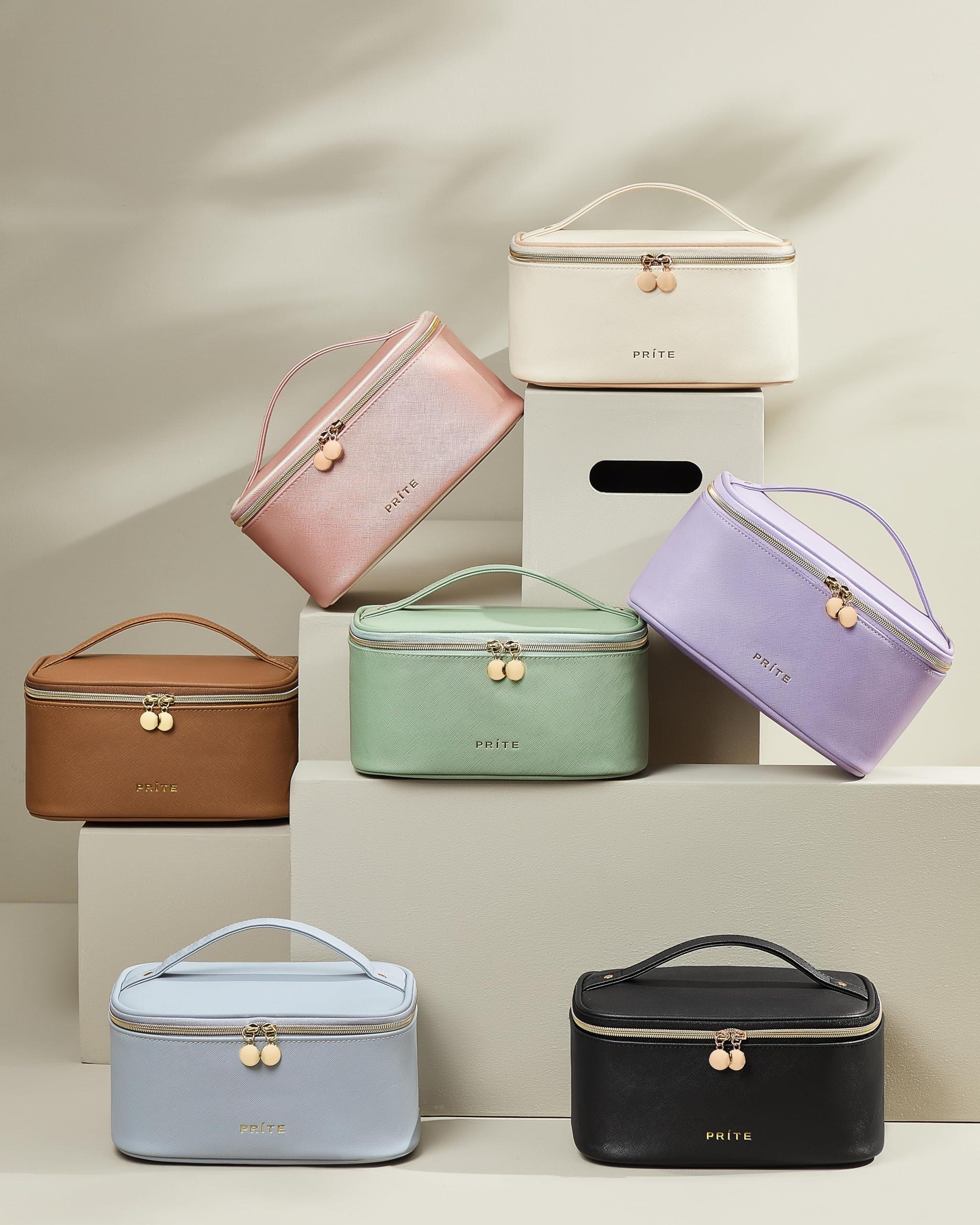 Prite Prite Makeup Bag, Large Capacity Portable Travel Cosmetic Bag, Waterproof Makeup Organizer for Women with Handle and Divider(Pearl Pink)