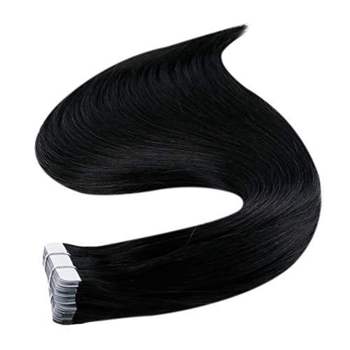 RUNATURE RUNATURE 26 Inch Tape ins Human Hair Extensions Jet Black Real Hair Tape in Extensions Human Hair Long Tape in Hair Extensions Full Ends Straight Glue in Hair Extensions Silky 50 Gram 20 Pieces