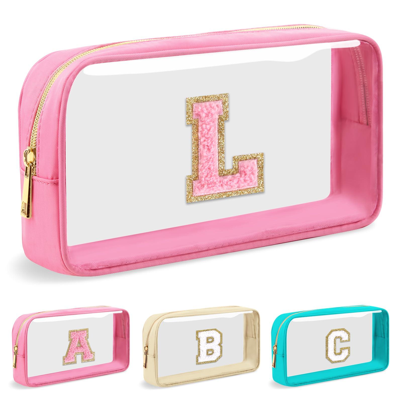 UIXIZQ UIXIZQ Personalized Initial Letter Clear Makeup Bag,Preppy Small Nylon&PVC Cosmetic Zipper Bag with Chenille Letter,Travel Skincare Toiletry Bag,Monogram Christmas Gift for Teen Girls Women,L