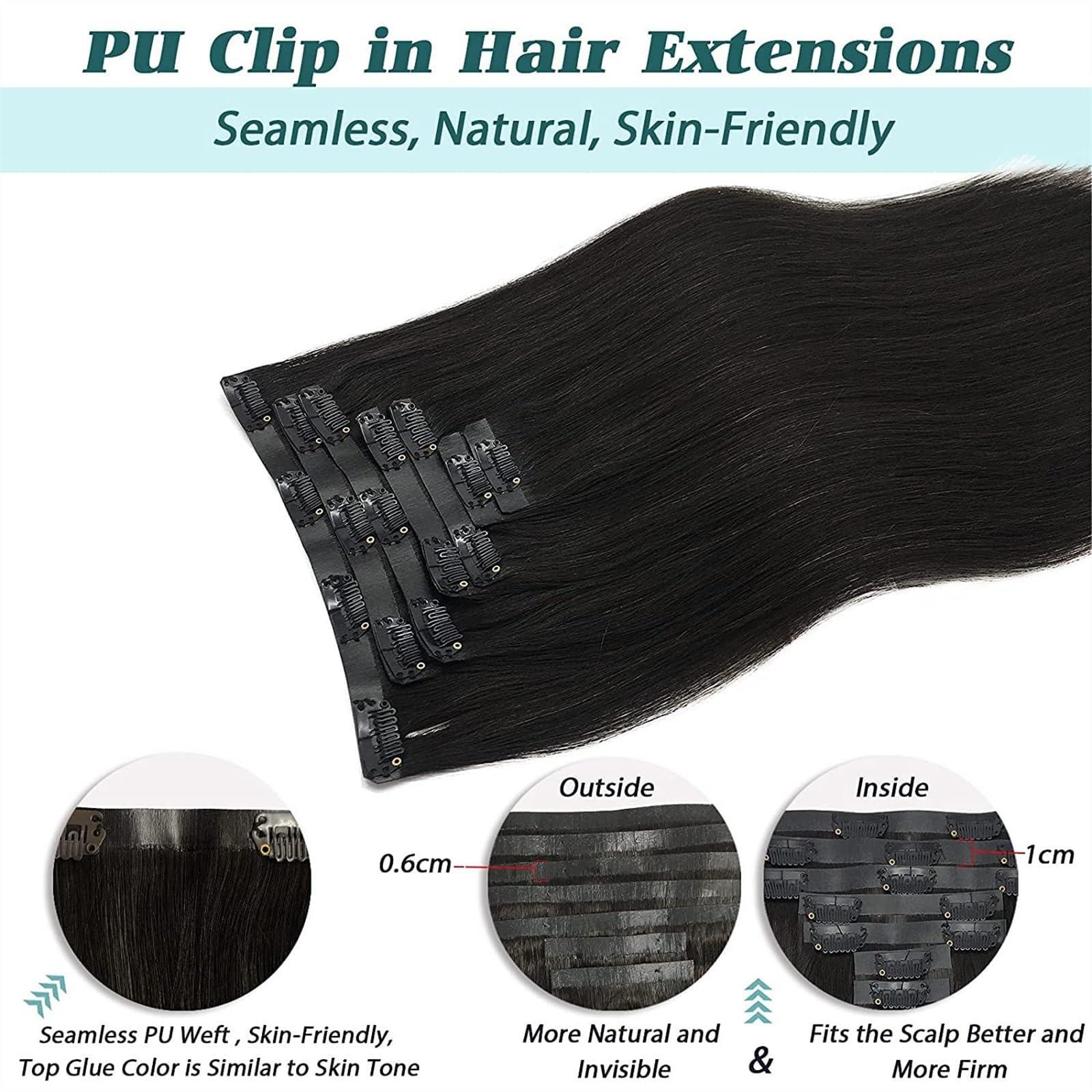 GRFIT Clip in Hair Extensions Seamless Hair Extensions Human Hair Black Clip in Hair Extensions Double PU Weft Invisible Straight Natural Remy Clip on Human Hair Extensions Fashion Hair Extensions (Color :