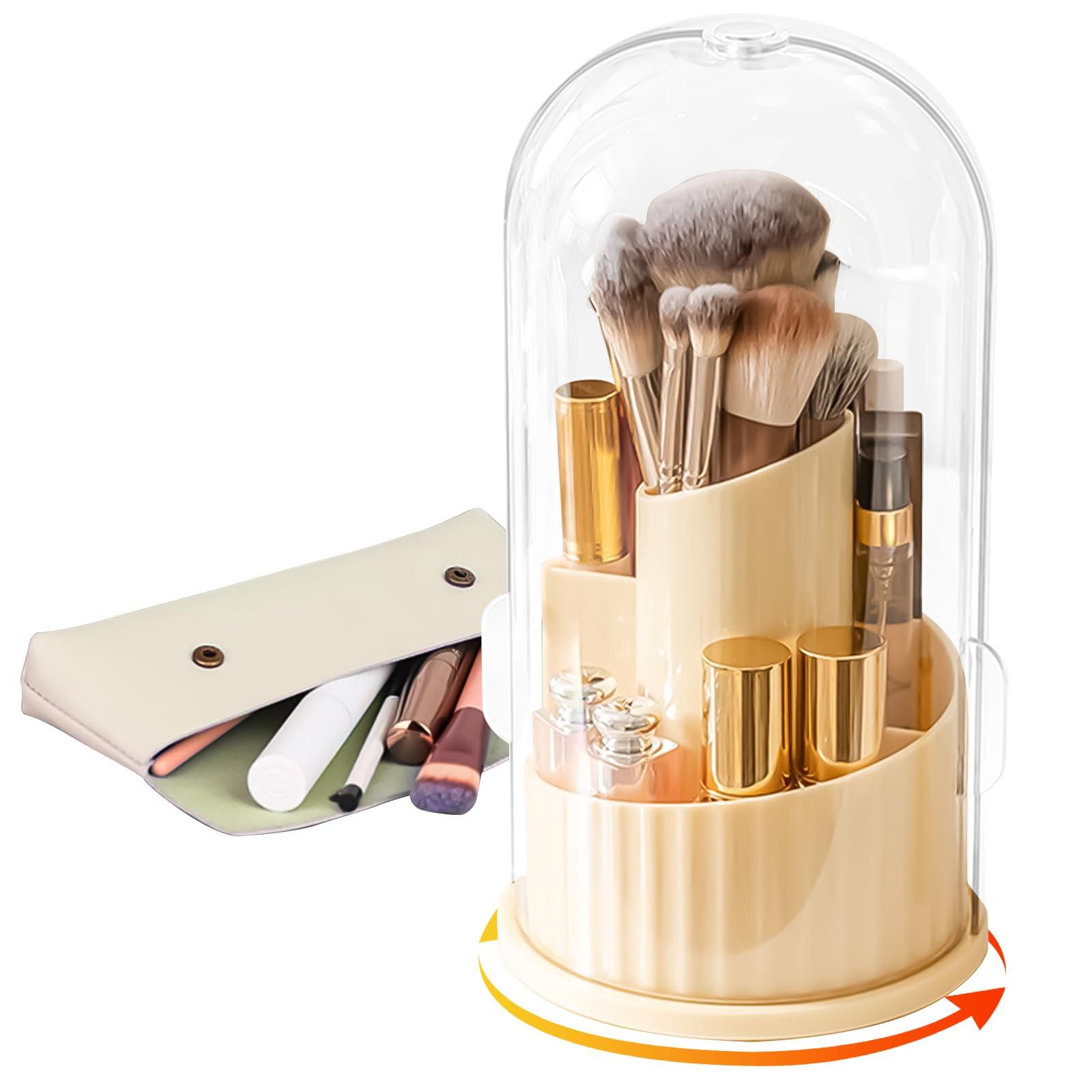 Segutage Makeup Brush Holder with Lid, 360 Rotating Makeup Brush Organizer with Cosmetic Bag Women Dustproof Cosmetics 5 Slots Makeup Brush Storage Cup for Vanity Desktop Bathroom Countertop (Cream White)