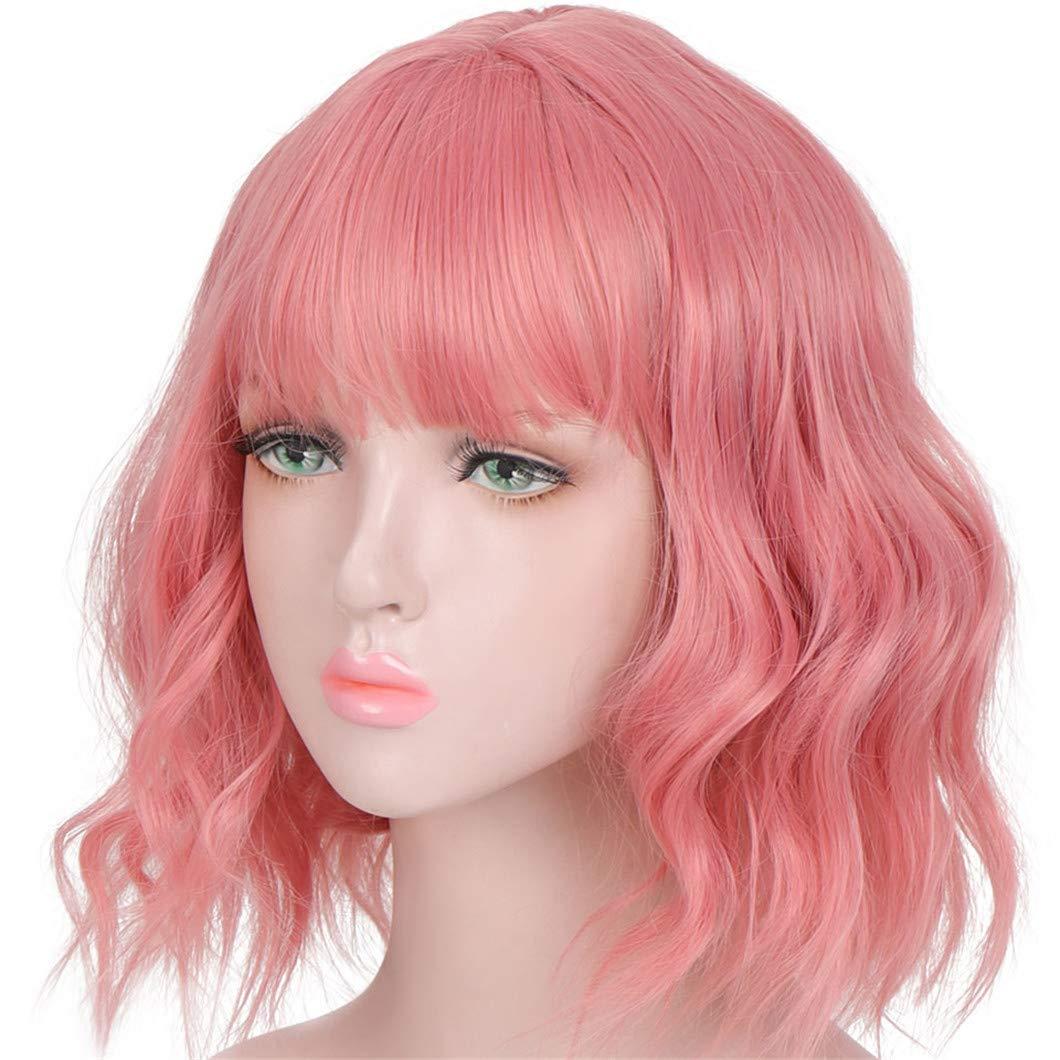 SSJFZM Pink Wig Short Bob Wig With Bangs Cosplay Water Wave Hair Wigs For Women American Style Synthetic Wig T3930 14inches
