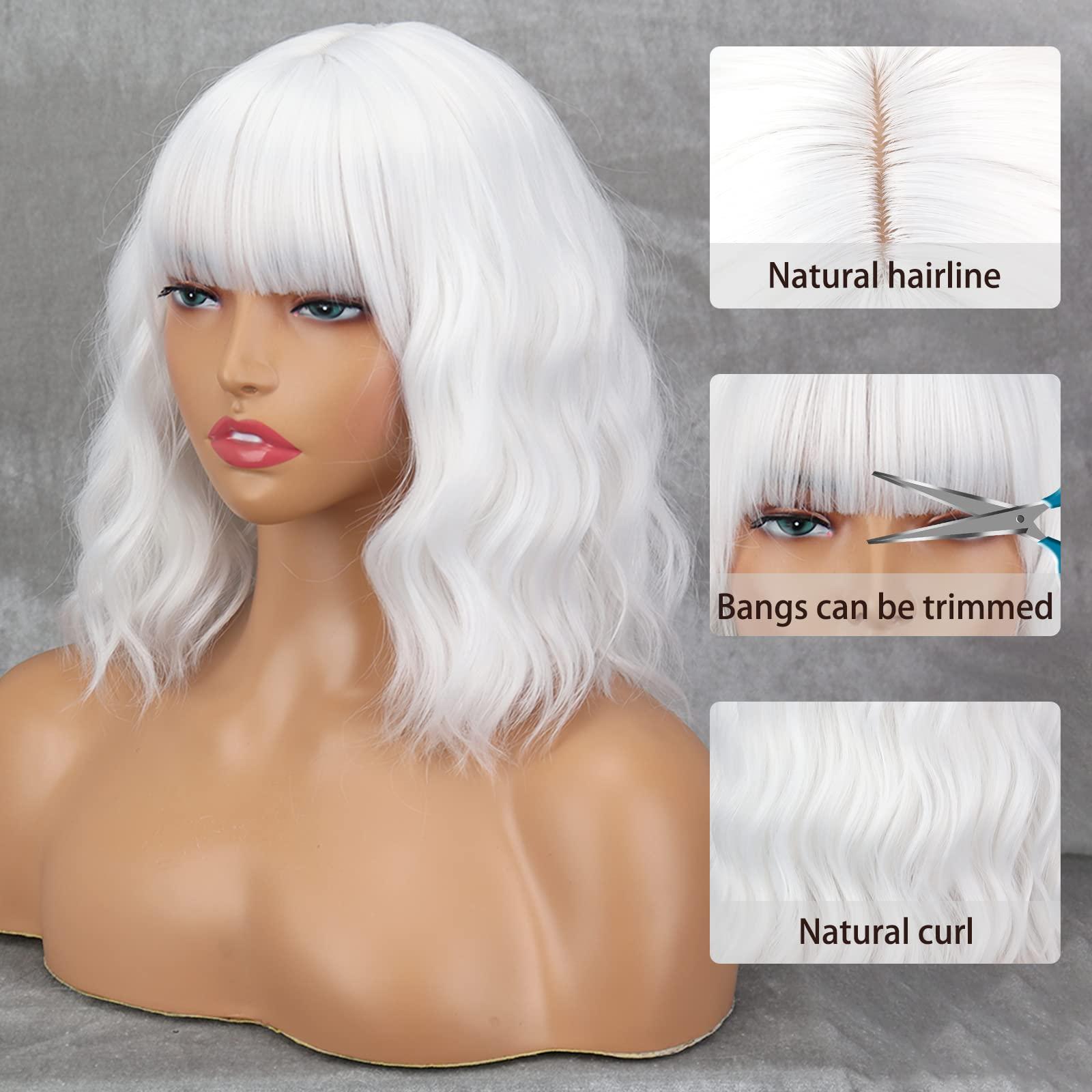 MISSQUEEN MISSQUEEN Short White Wig with Bangs Wavy White Hair Wigs for Women Synthetic Wavy Bob White Shoulder Length Wigs Natural Looking Heat Resistant Fiber Wig for Daily Party Cosplay Use