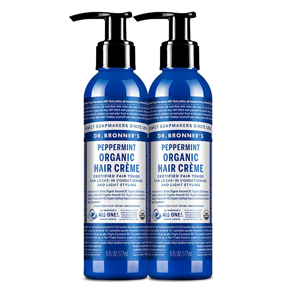 Dr. Bronner's Dr. Bronner\'s - Organic Hair Crme (Peppermint, 6 Ounce, 2-Pack) - Leave-In Conditioner and Styling Cream, Made with Organic Oils, Hair Cream Supports Shine and Strength, Nourishes Scalp, Non-GMO