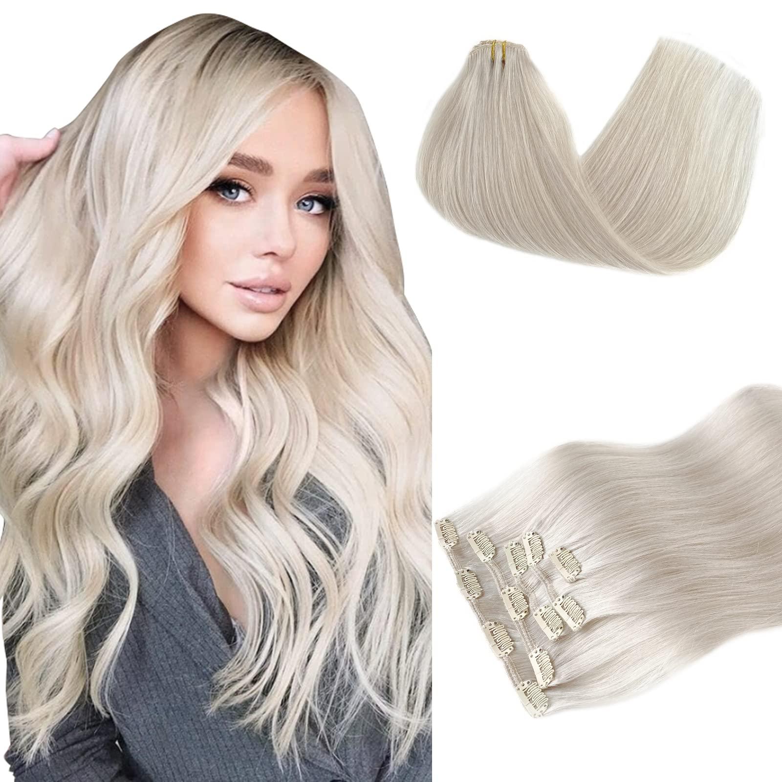 SOSEXY Clip in Hair Extensions Ice White Remy Human Hair Extensions 70g 5pcs Silk Straight Double Weft Real Human Hair Clip in Extensions 16 Inch Hair Extensions Clip ins Full Thick Ends Hair Extensions