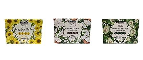 RUBIA INDUSTRIES COMPANY LIMITED Bloom Nature's Love 100% Organic Natural Bar Soap for Women & Men, 3 Bar Variety Pack, Vitamin C and E (Sunflower Oil), Acne Skin (Coconut Oil), and Detox Skin (Avocado Oil)