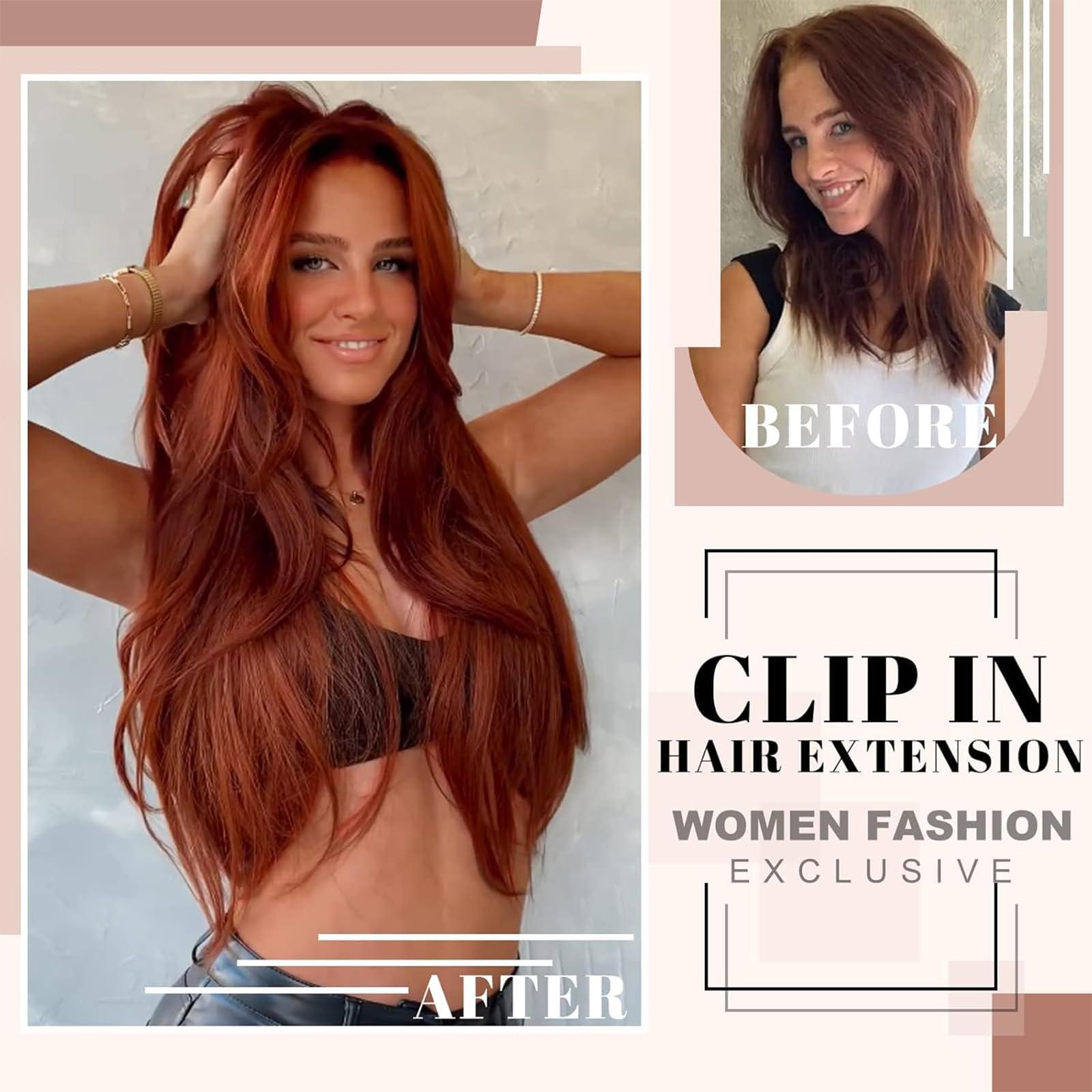 FREEMEIGE FREEMEIGE Copper Red Hair Extensions Clip in Hair Extensions for Women Straight Layered Hair Extensions Synthetic Clip in Extensions Long Wavy Extension Daily Use 20 Inch