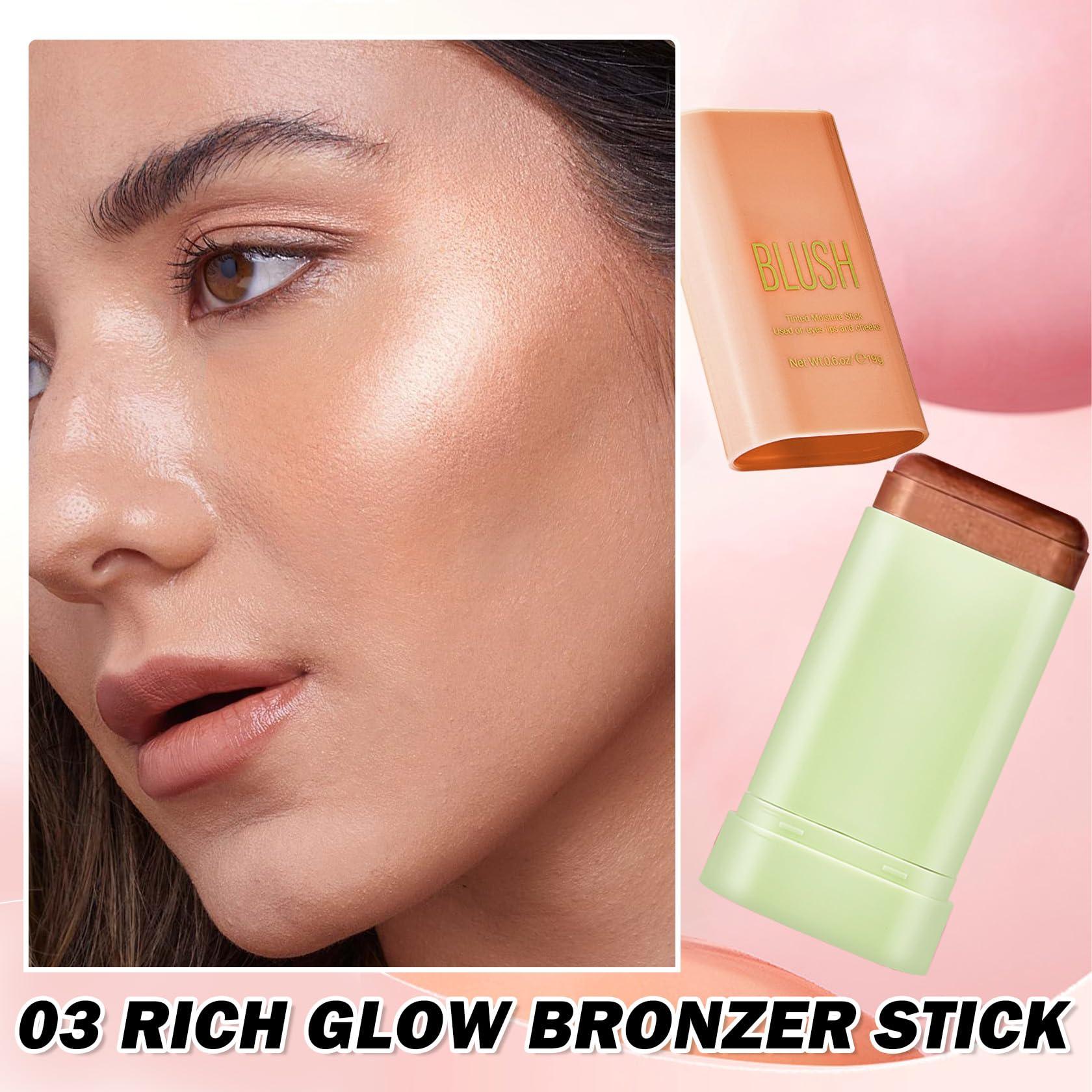 DAMUSI DAMUSI Cream Bronzer Stick Highlighter Stick Face Cream Contour Stick,Makeup Bronzer stick with Brush,Buildable Highlight Contour Makeup for Women (Rich Glow Bronzer Stick)