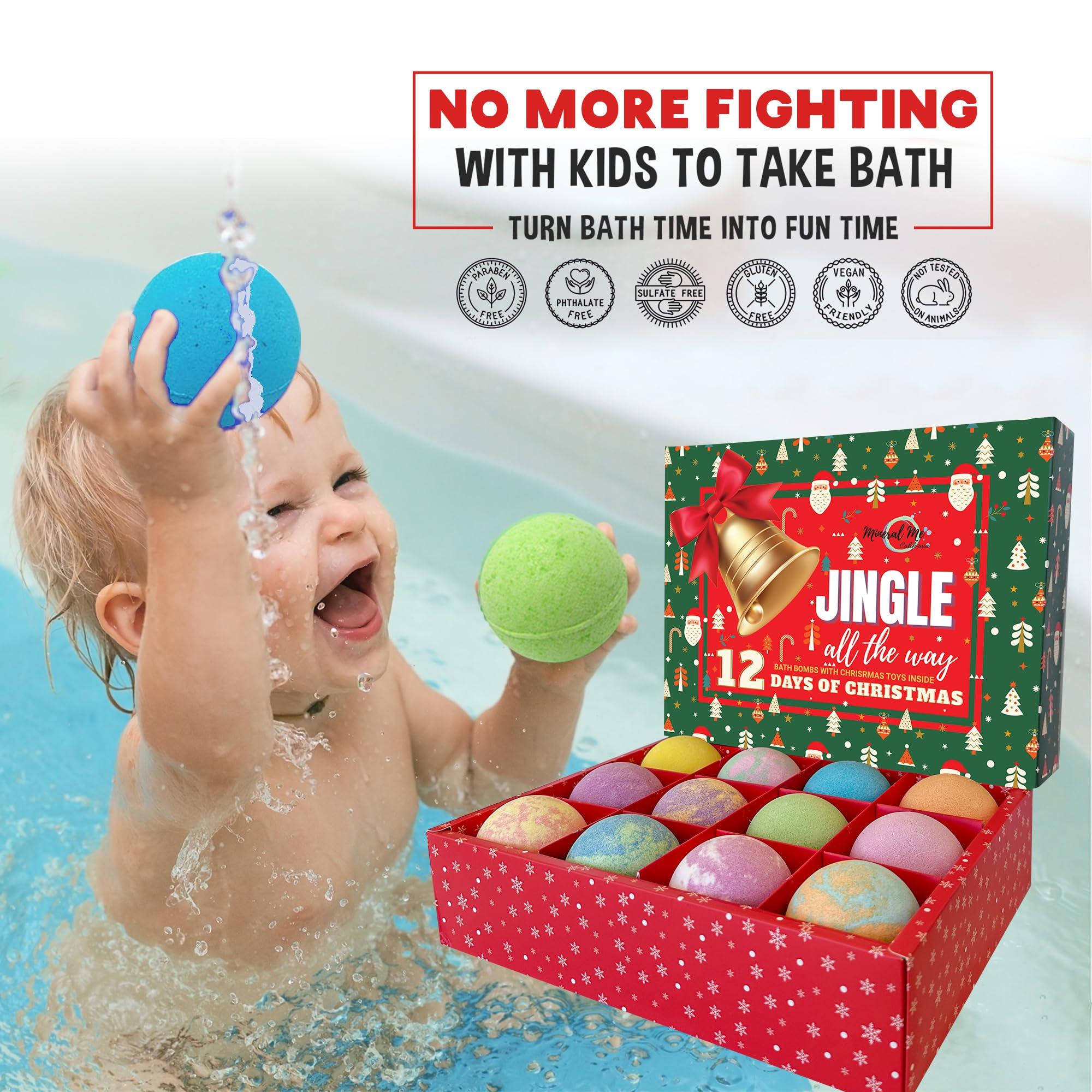 Mineral Me California Christmas Bath Bombs for Kids with Surprise Toys Inside - Kids Advent Calendar Bathbombs - 12 Pack Organic Bath Bombs Gift Set, Moisturizing Bubble Bath Fizzies, Gifts for Kids, Boys, Girls, Toddler