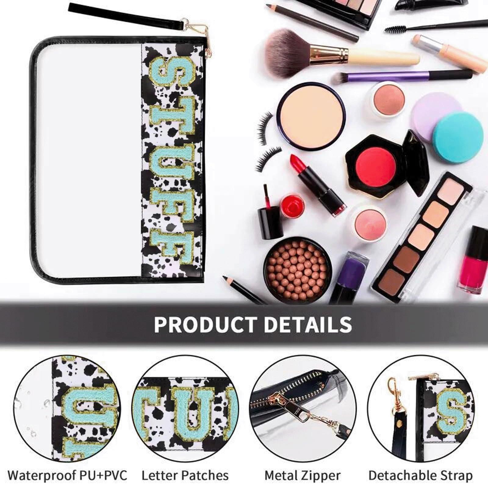 LOTUSTAR LOTUSTAR Clear Makeup Letter Patch Bag Travel Toiletry Bag Clear Cosmetic Bags Stuff Snacks Pouch for Gym Stadium Beach (Cow,Stuff)